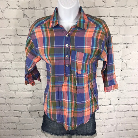 aerie Tops - Aerie Plaid 3/4 Dolman Sleeve Button Down Shirt